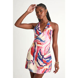 Lulus Zinara Cream Multi Abstract Surplice Halter Mini Dress White - Size S